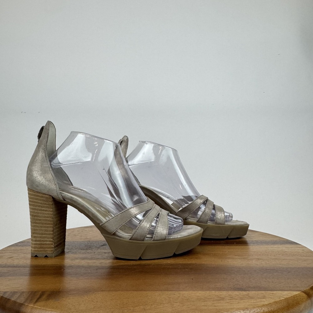 New‎ Womens Paul Green Sassy Metallic Gray Leather Strappy Heeled Sandals Size 9